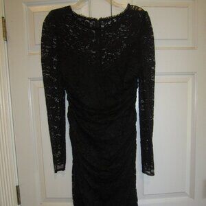 DOLCE & GABBANA BLACK LONG-SLEEVED RUCHED LACE MIDI DRESS W/SILK SLIP LINING